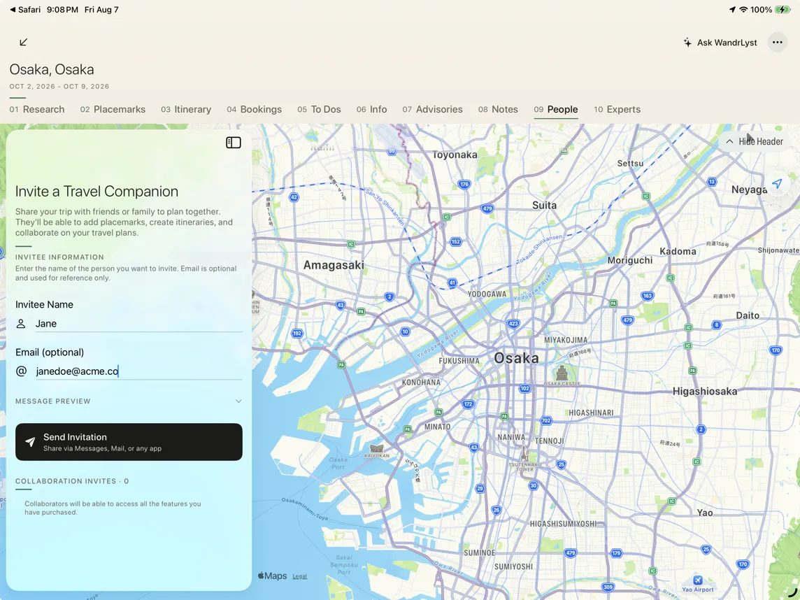 Inviting a travel companion to an Osaka trip in WandrLyst on iPad, beside a map of the city.
