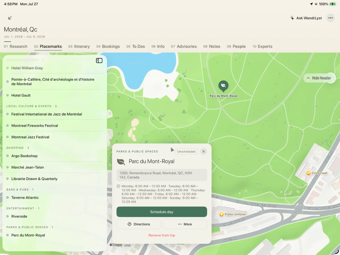 The Placemarks library for a Montréal trip on iPad — saved places grouped by category beside a map, with Parc du Mont-Royal selected.