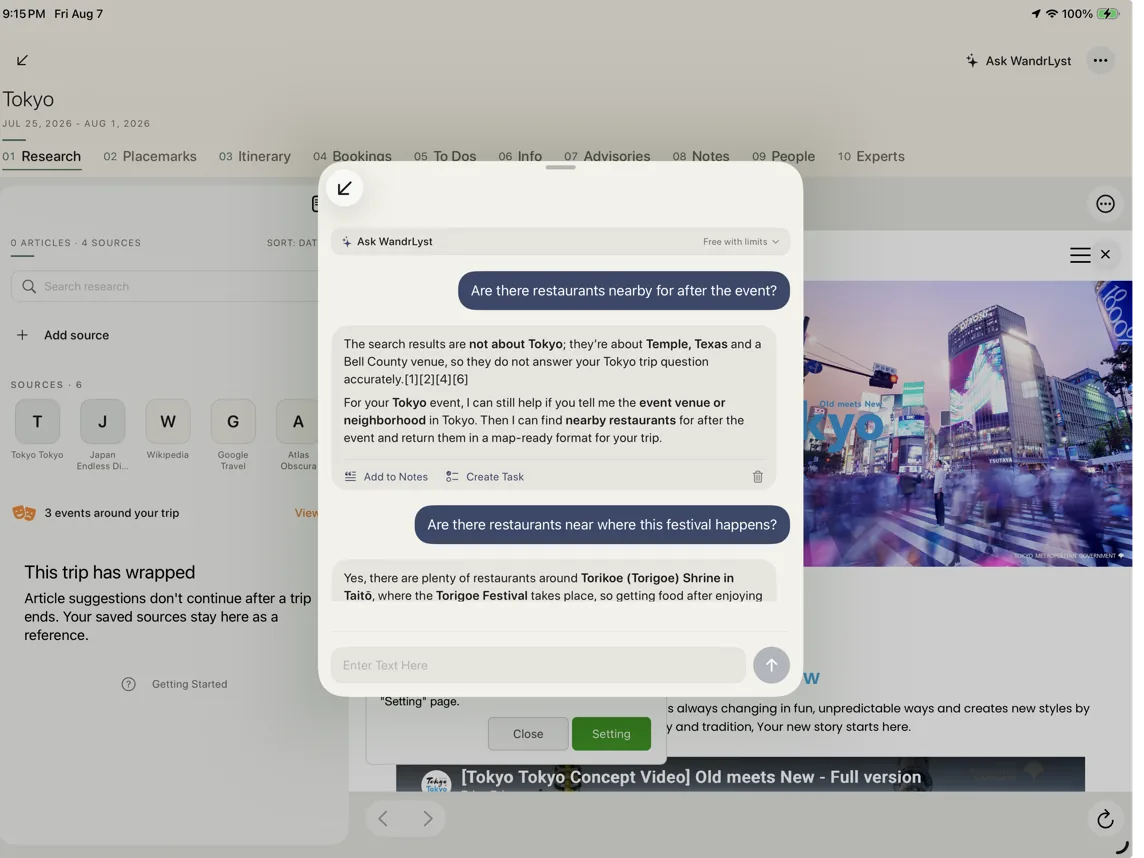 Asking WandrLyst for boutique hotels near Montréal’s Old Port on iPad, with a sourced answer in the chat panel.