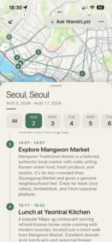 A Seoul day plan on iPhone, listing Mangwon Market and lunch at Yeontral Kitchen with their times.